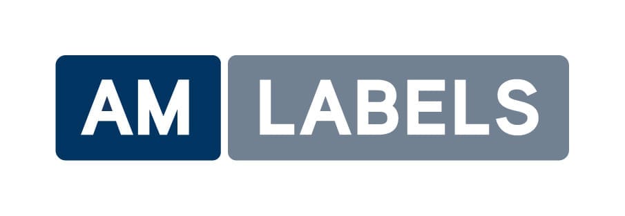 AM LABELS logo — dark blue rounded square with 'AM' and a gray rounded rectangle with 'LABELS' in white.
