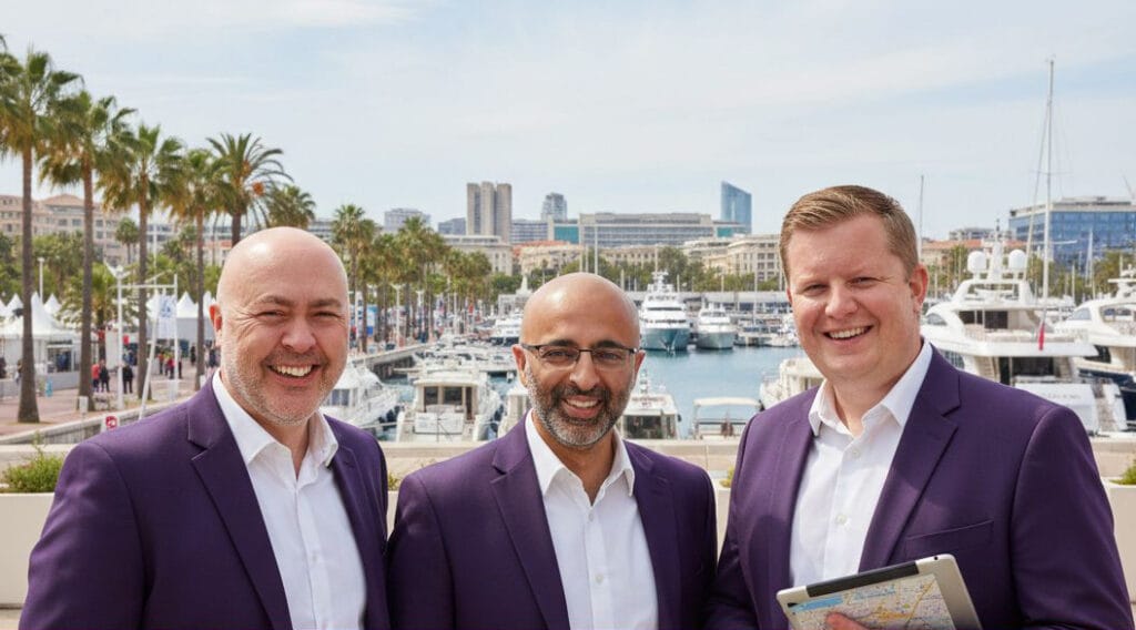 1771064554534 | Business Times Kevin Rogers, Tom Warrender and John Punni of Wilson Browne Solicitors at MIPIM in Cannes promoting Northamptonshire property connections.