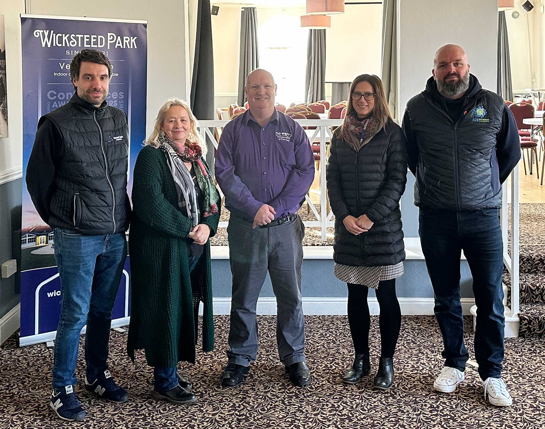 Business Buzz Kettering host Mark Jones with Wicksteed Park team and ambassadors at anniversary event.