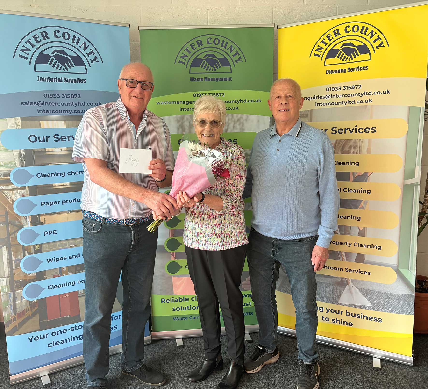 Keith Nicholson with Jenny and Tony Blount celebrating 30 years service at Inter County in Northamptonshire