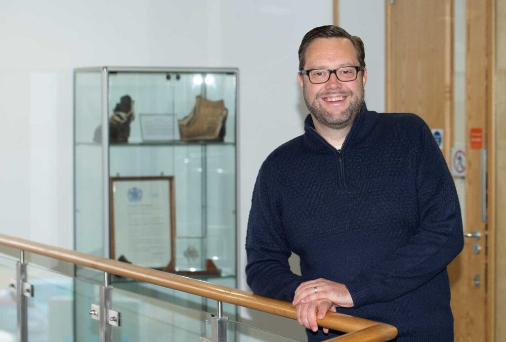 Michael Bodsworth of SATRA UK at Kettering headquarters discussing digital strategy project