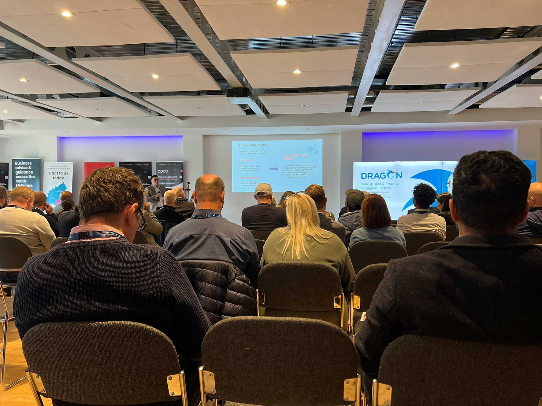 Business leaders attend a presentation during the Accelerating AI Conference in Milton Keynes