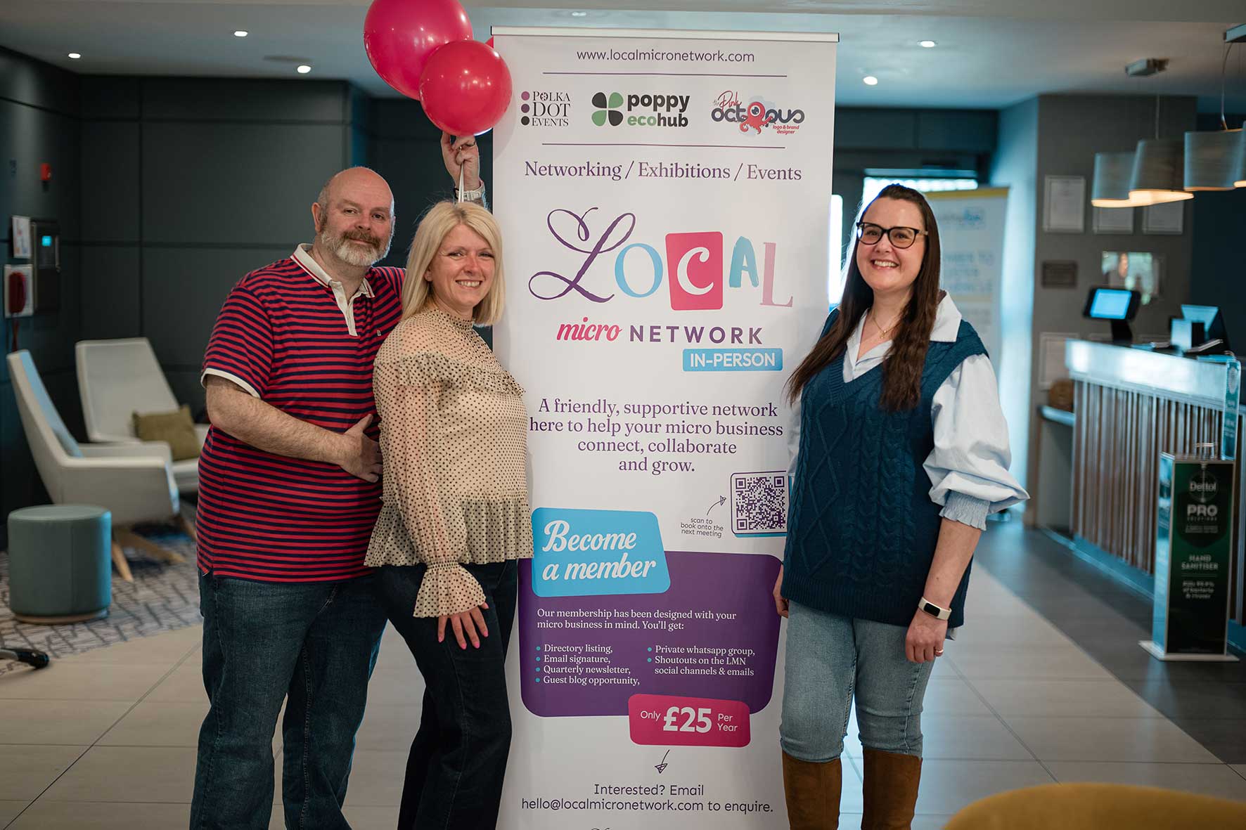James Mossop, Kerry Baker and Marie Baker stand beside a Local Micro Network banner during the organisation's launch event at the Hampton by Hilton in Corby.