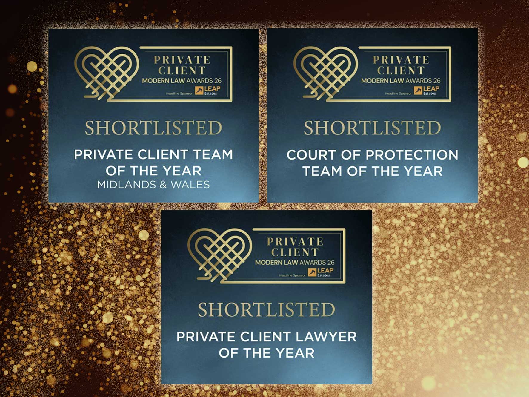 Collage of blue award plaques with gold text reading 'SHORTLISTED' and 'PRIVATE CLIENT TEAM OF THE YEAR' on a blue gradient background with a gold confetti backdrop.