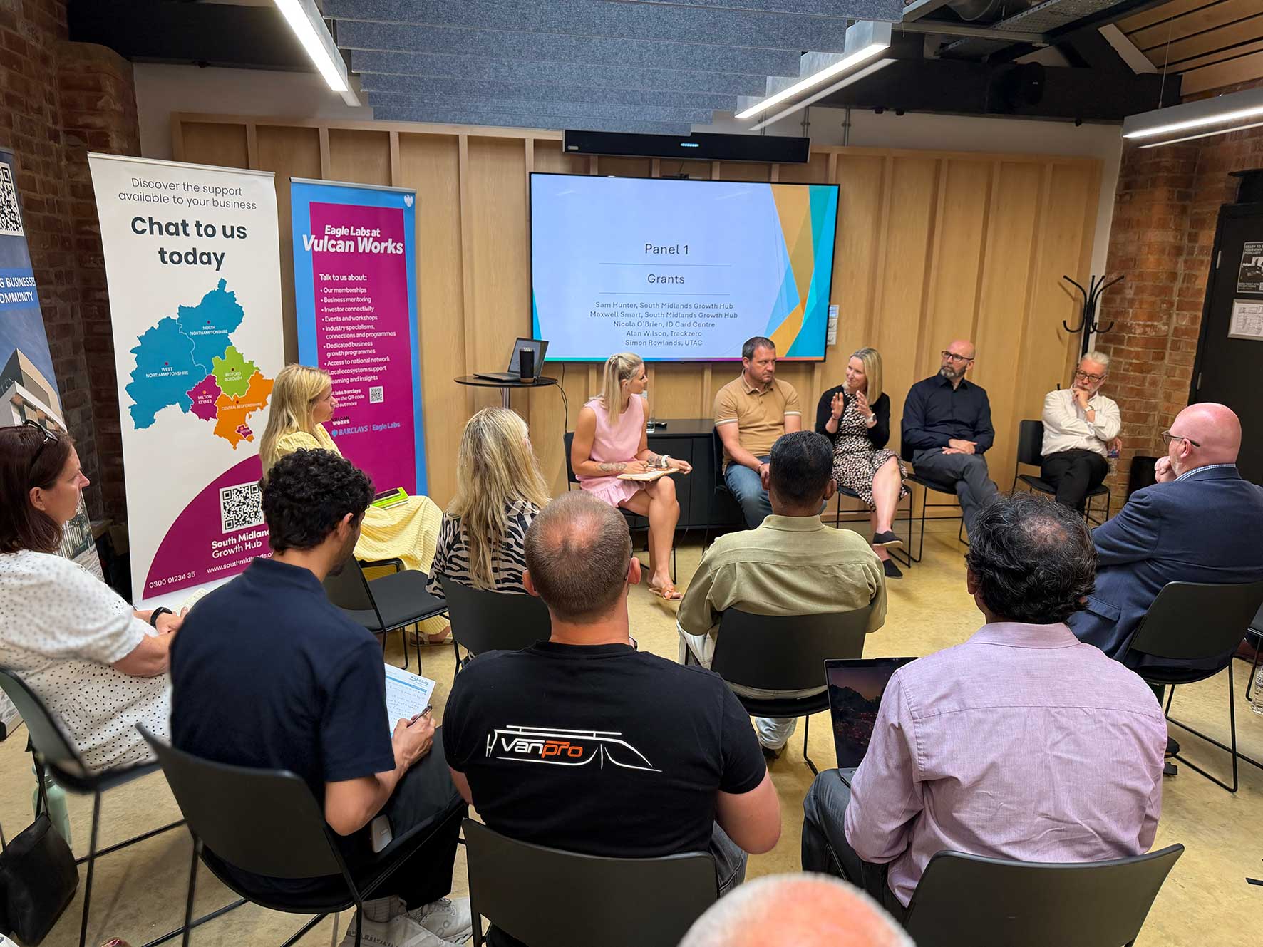 Panel discussion at the launch of the South Midlands SME Business Grant Programme during Fuelling Innovation Fortnight at Vulcan Works, Northampton.