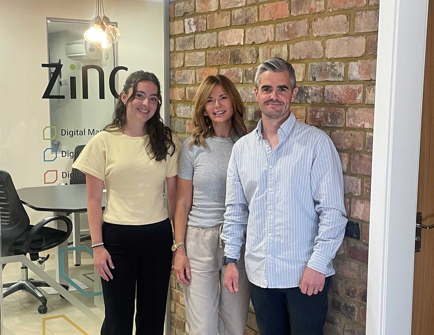 Polly Gotchi of Vitiliglow with Oliver McKeown, Head of Digital at Zinc Digital, and a colleague at Zinc Digital’s Northamptonshire office