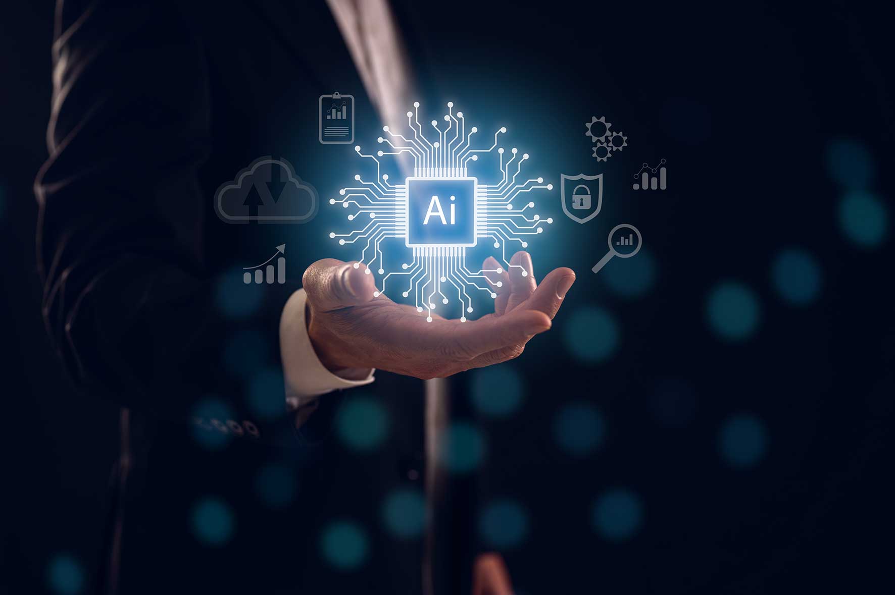 Glowing AI circuit chip hovering above an open hand, symbolizing artificial intelligence technology.