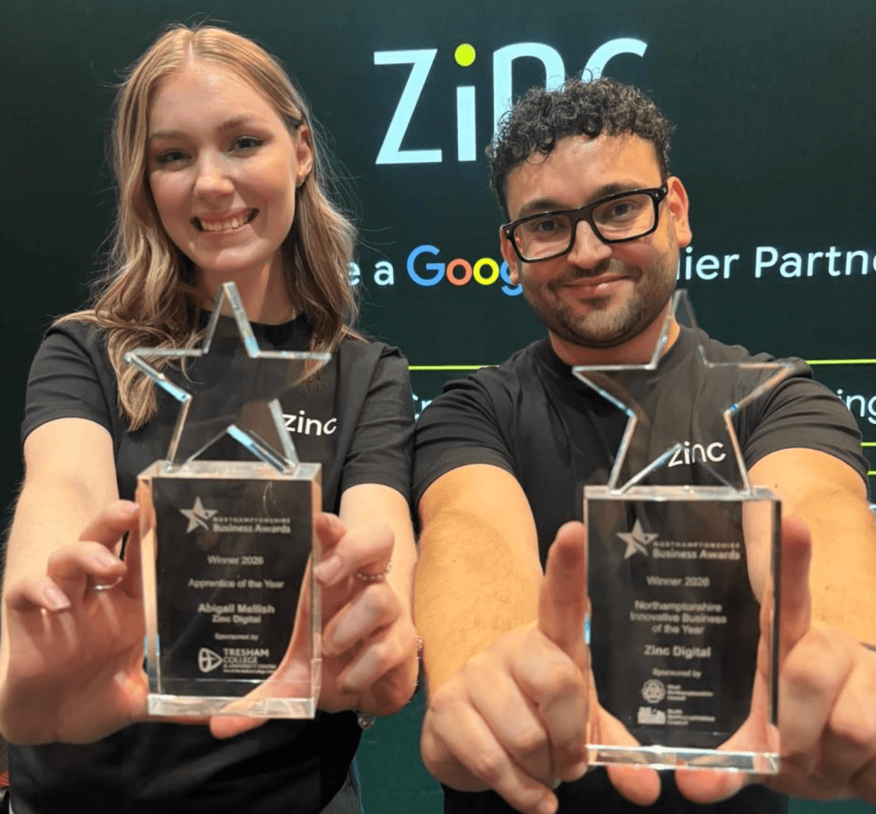 Abigail Mellish and Jordan Clare of Zinc Digital with their 2026 Northamptonshire Business Awards