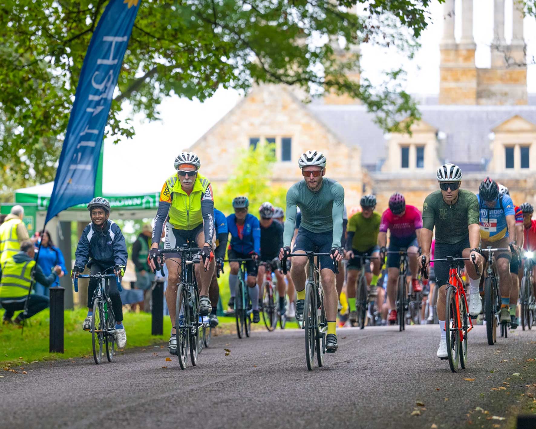 Cyclists taking part in Cycle4Cynthia 2026 at Holdenby House in Northamptonshire