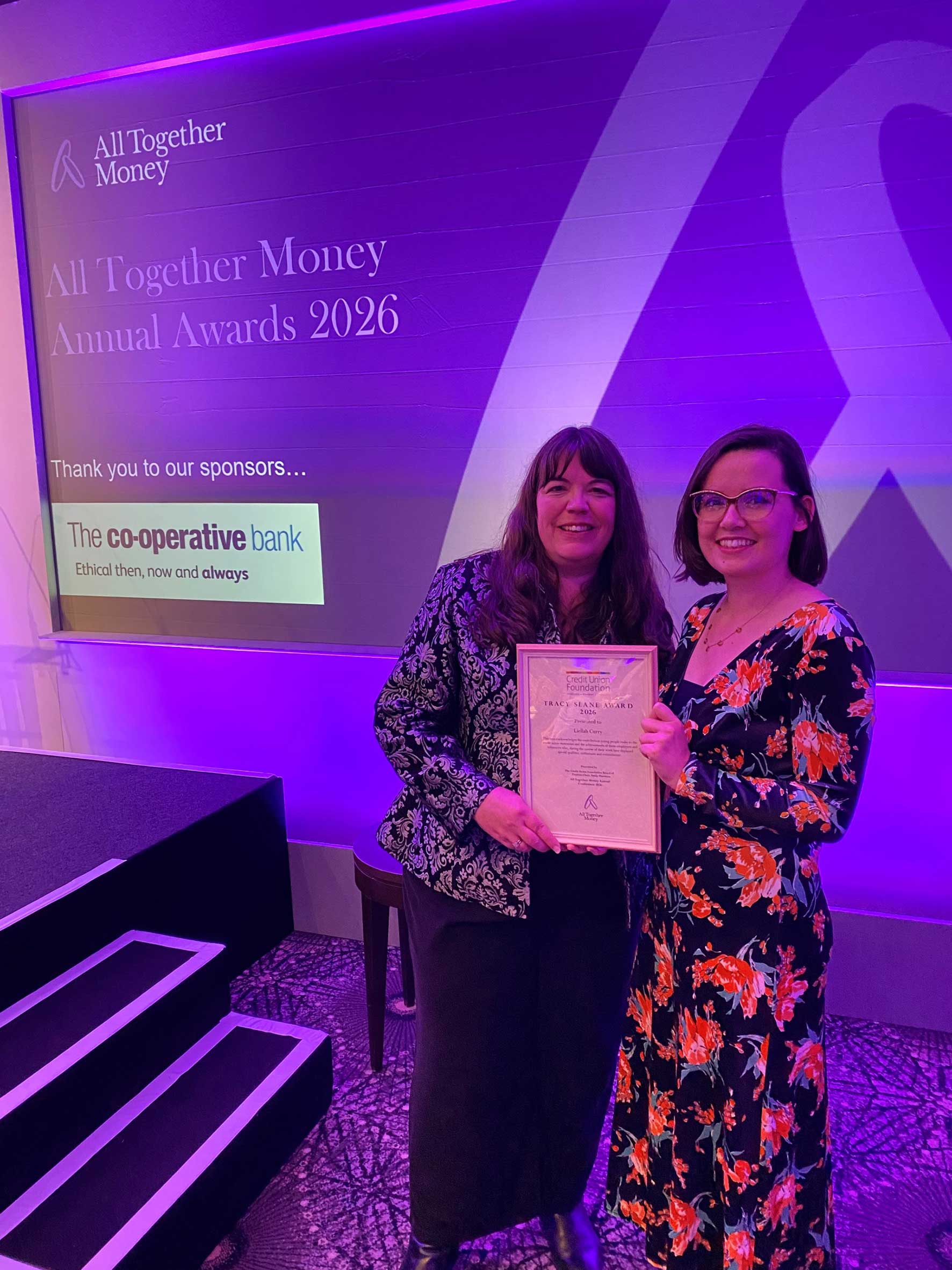 Commsave Credit Union deputy chief executive Liellah Currey receiving the Tracy Slane Award at the All Together Money Annual Awards 2026