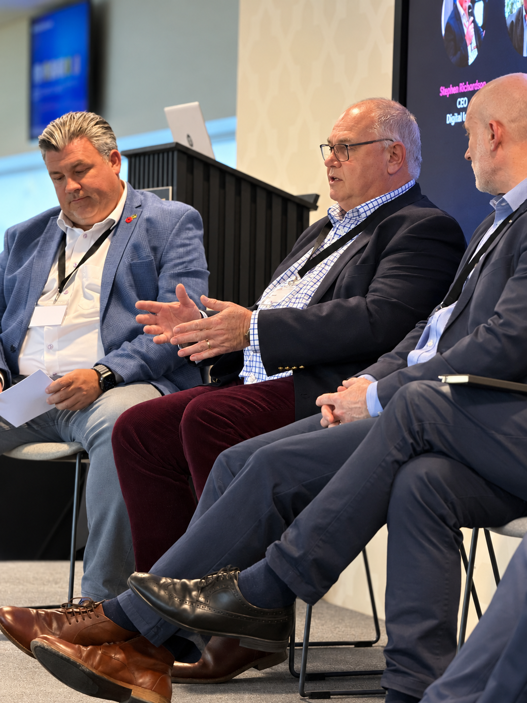 Paul Abbott speaking during a panel discussion on cyber security at Franklin's Gardens, Northampton.