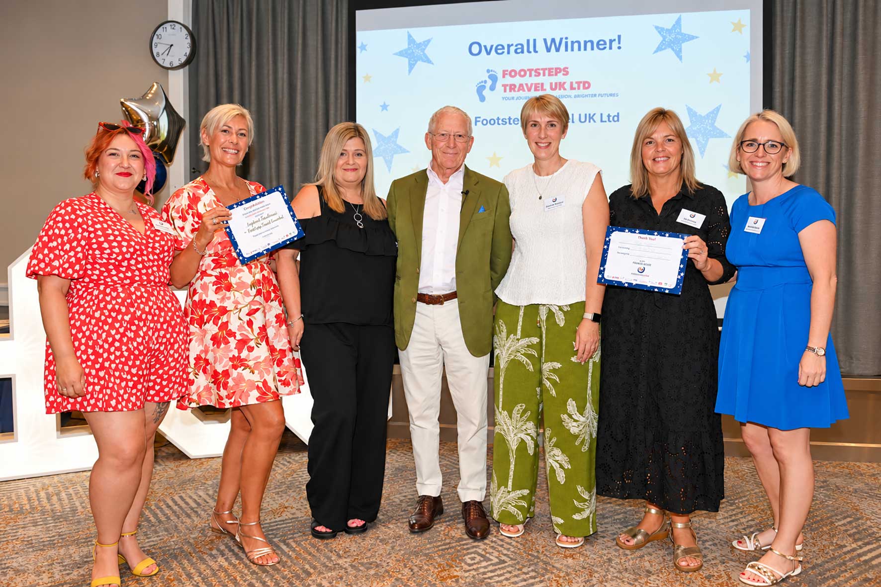 Footsteps Travel, highest fundraising team in the 2026 Franklins £50 Challenge, with Emily Griffiths, Nick Hewer and Andrea Humphrey.